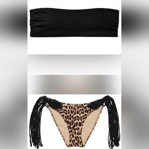 L/L VS Archives Swim Bandeau Bikini Top Macrame Fringe Cheeky Bikini Set Leopard